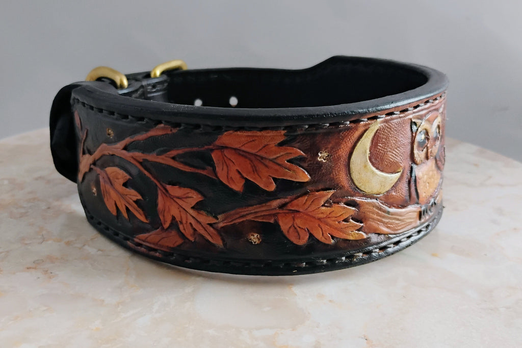 Owl-Tooled Leather Dog Collar