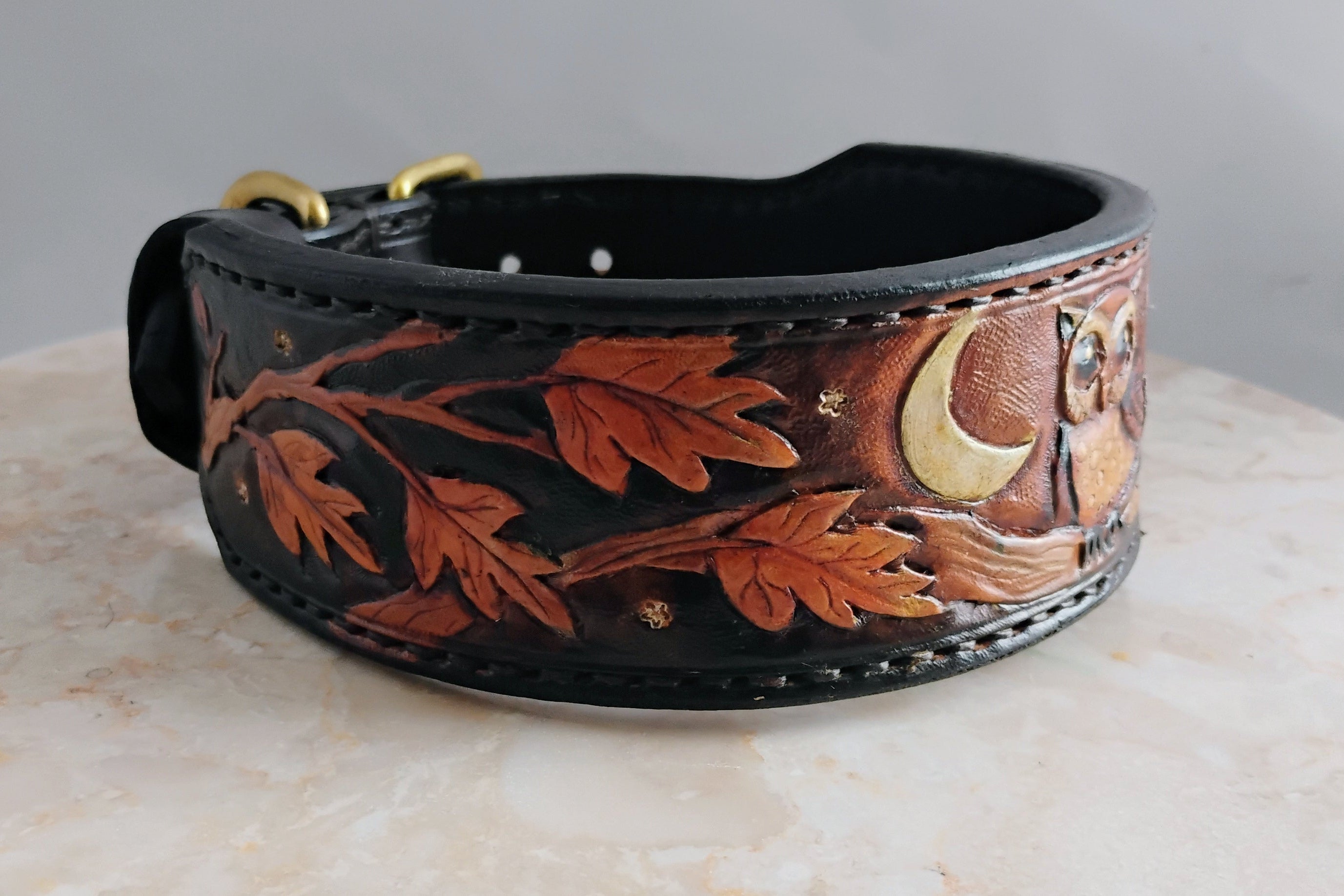 Owl-Tooled Leather Dog Collar