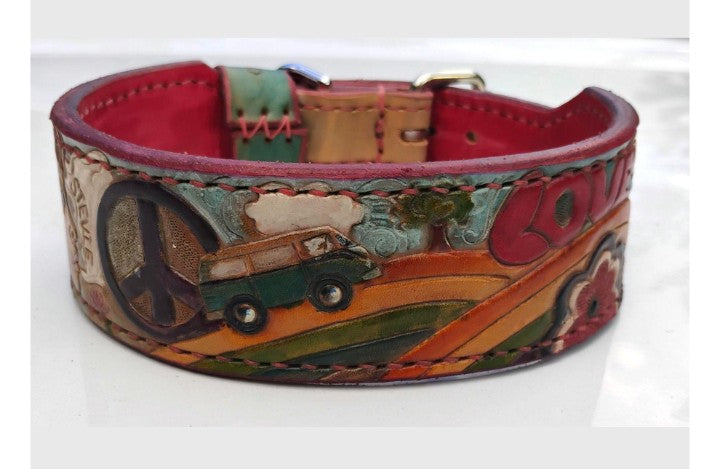 Full view of hand-tooled boho dog collar showing peace sign, VW bus and LOVE lettering with red lining