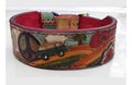 Full view of hand-tooled boho dog collar showing peace sign, VW bus and LOVE lettering with red lining