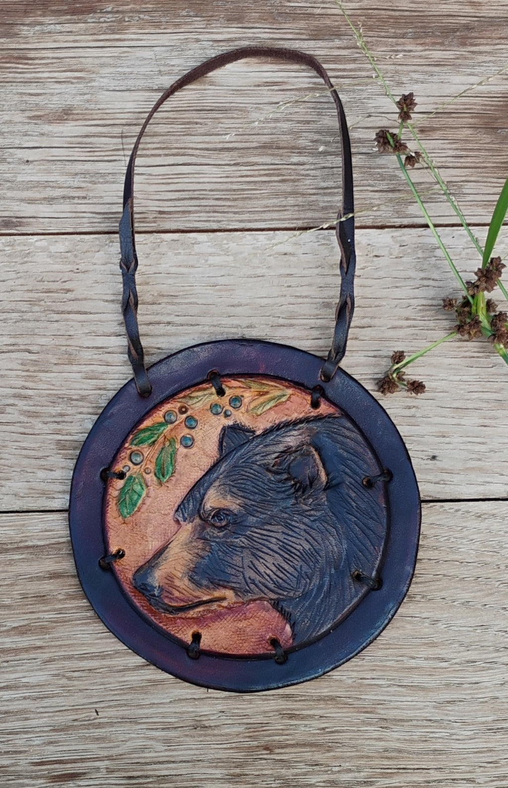 Maine Black Bear — Hand-Tooled Leather Medallion