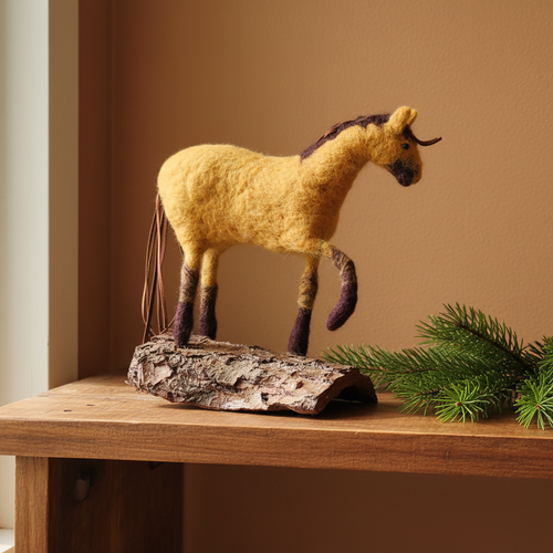 Needle felted wool horse sculpture with leather mane and tail on natural bark base, rustic folk art